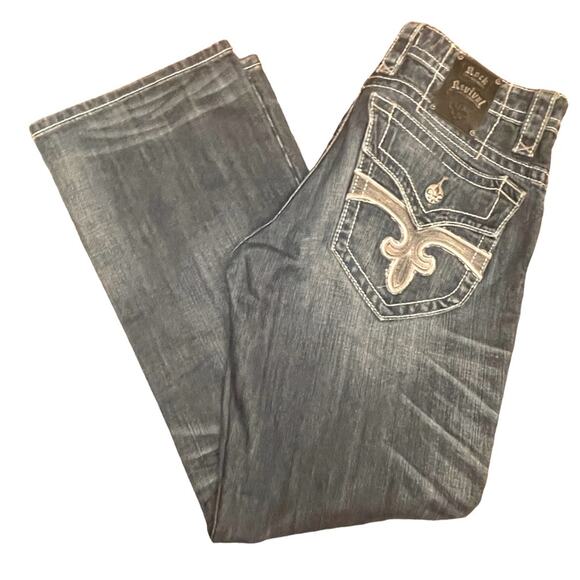 Rock Revival Jeans Mens 34 Casual Denim Embroided Distressed Boot Cut Pants - Picture 1 of 16